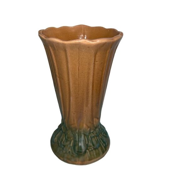 McCoy Vintage 1930s Cornucopia Vase Brown Green Leaves And Fruit Design Crazing - Picture 7 of 7